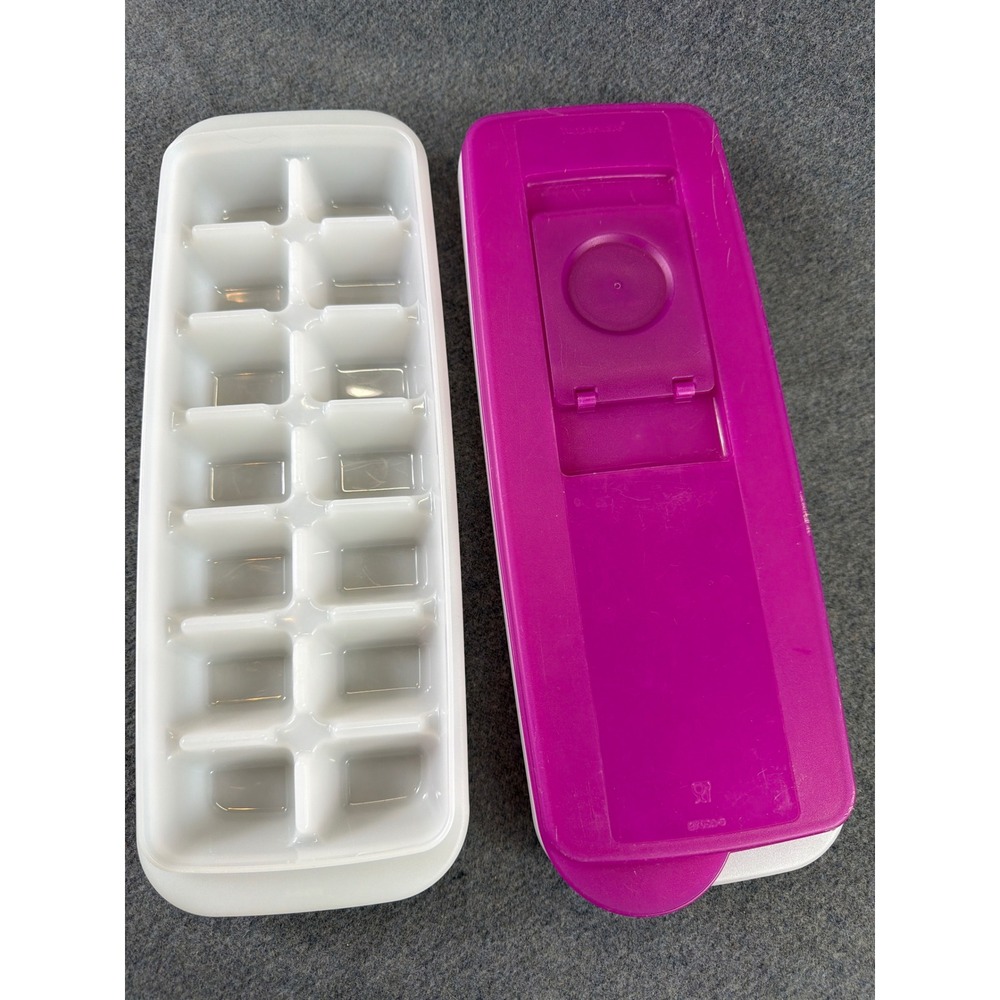 Tupperware Ice Cube Trays Set of 2 White Purple Fresh & Pure Covered Hinged Lid‎